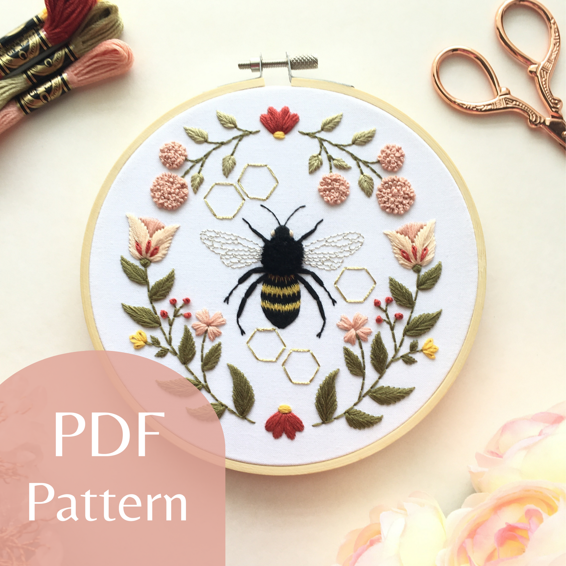 honeybee motif embroidery pattern by Eight22Crafts