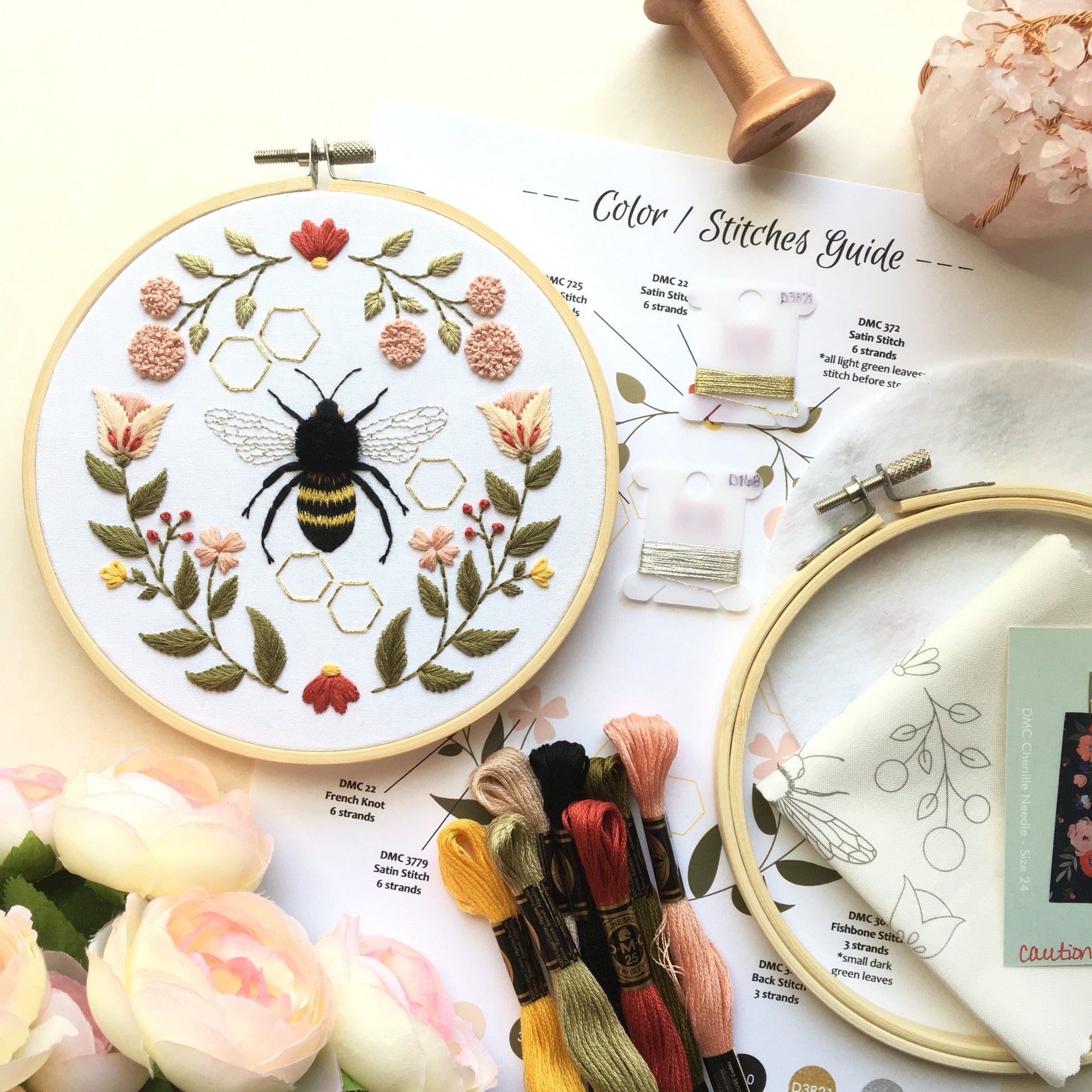 honeybee motif embroidery kit supplies by Eight22Crafts