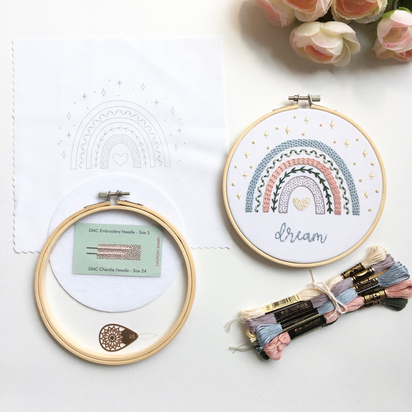 enchanting rainbow sampler embroidery kit supplies by Eight22Crafts