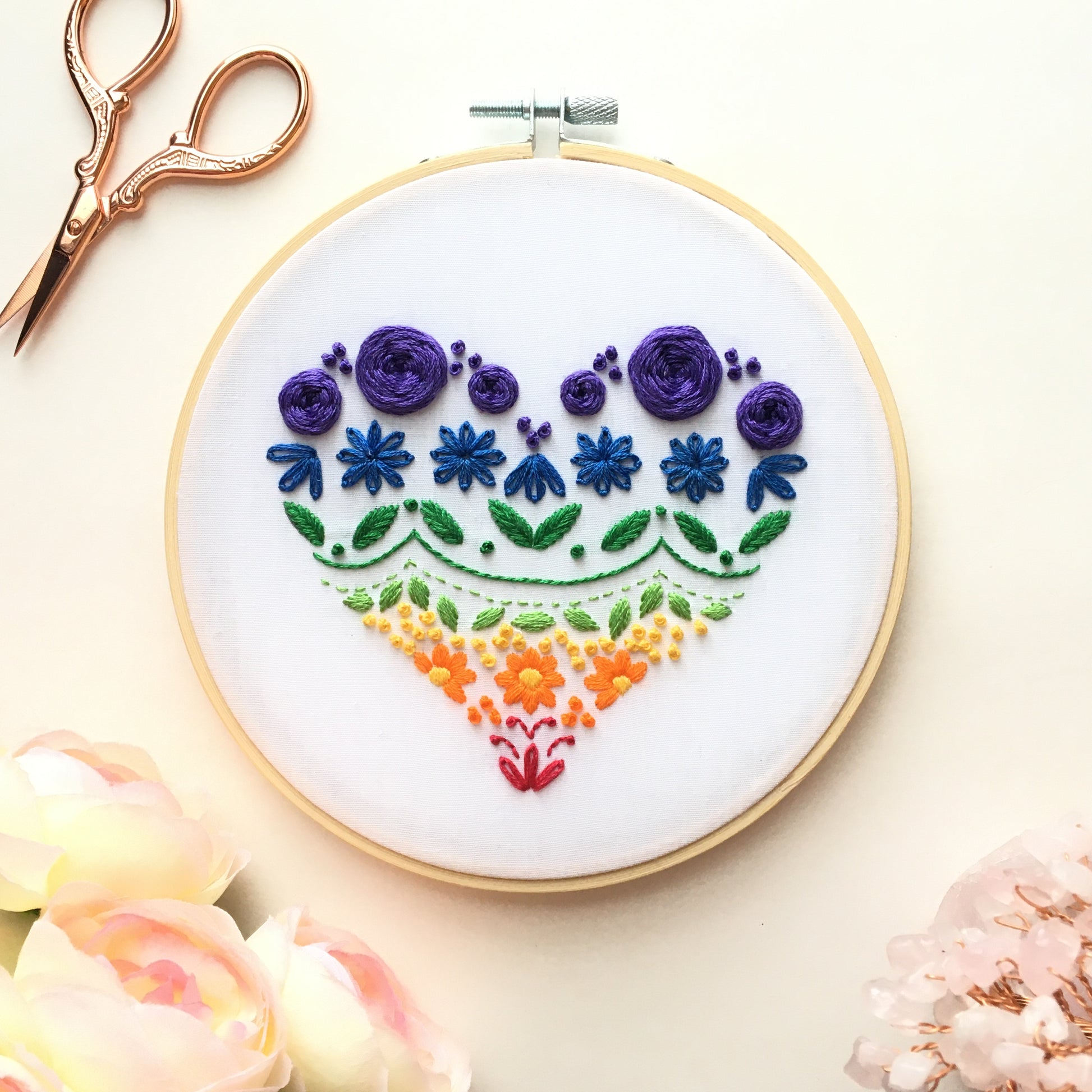 rainbow colored heart sampler embroidery design by Eight22Crafts