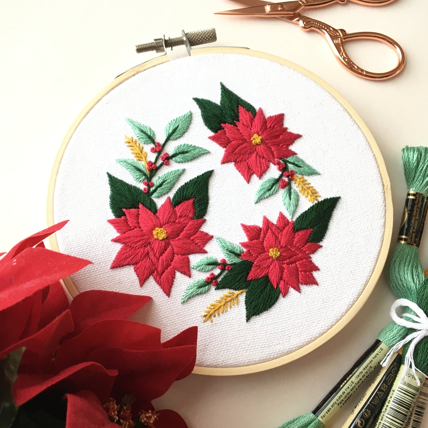 Poinsettia Wreath Step by Step Digital Embroidery Pattern