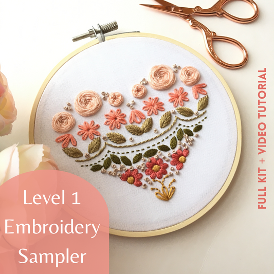 learn embroidery heart sampler kit by Eight22Crafts