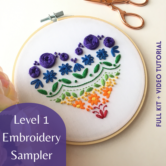 rainbow colored heart sampler embroidery kit by Eight22Crafts