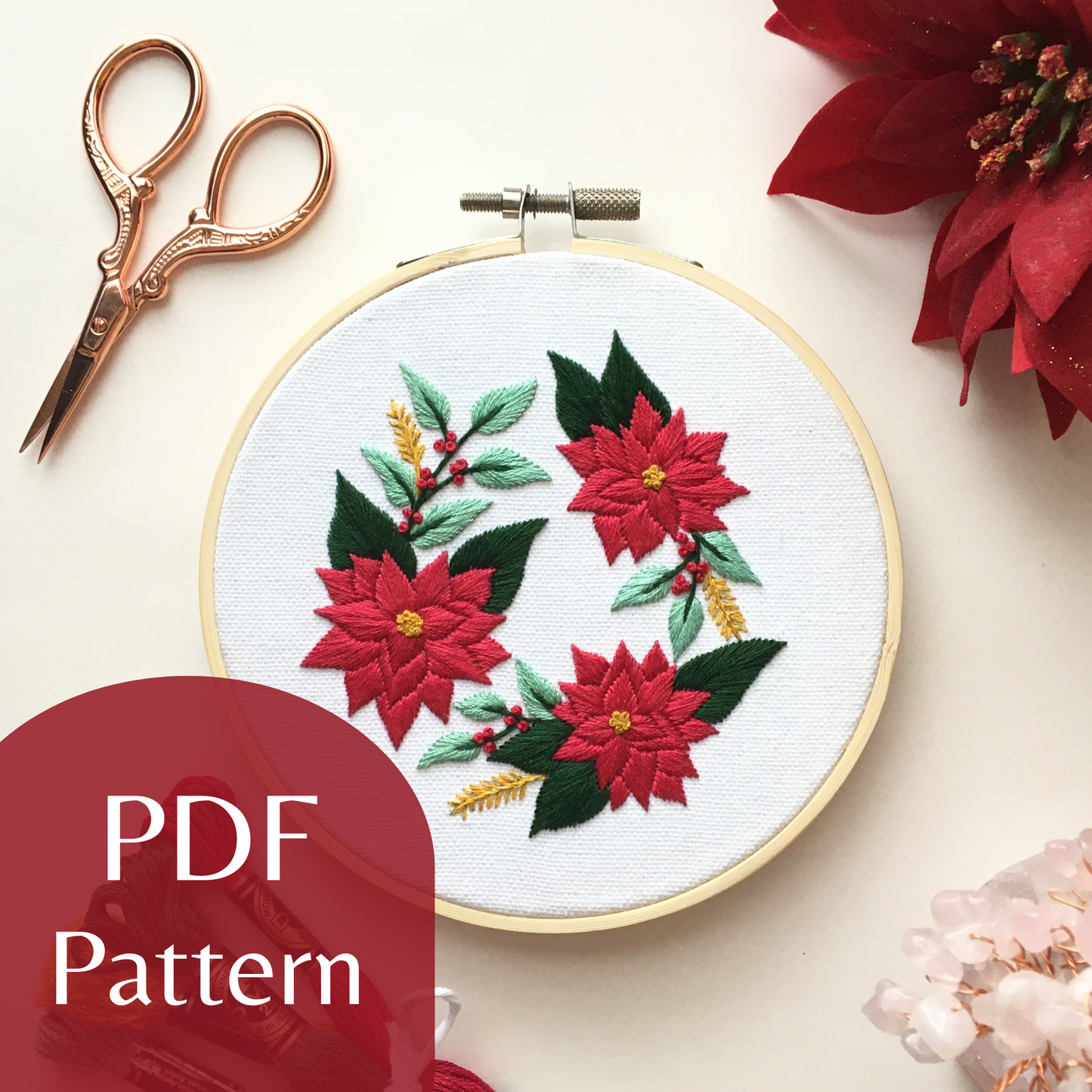 Poinsettia Wreath Step by Step Digital Embroidery Pattern